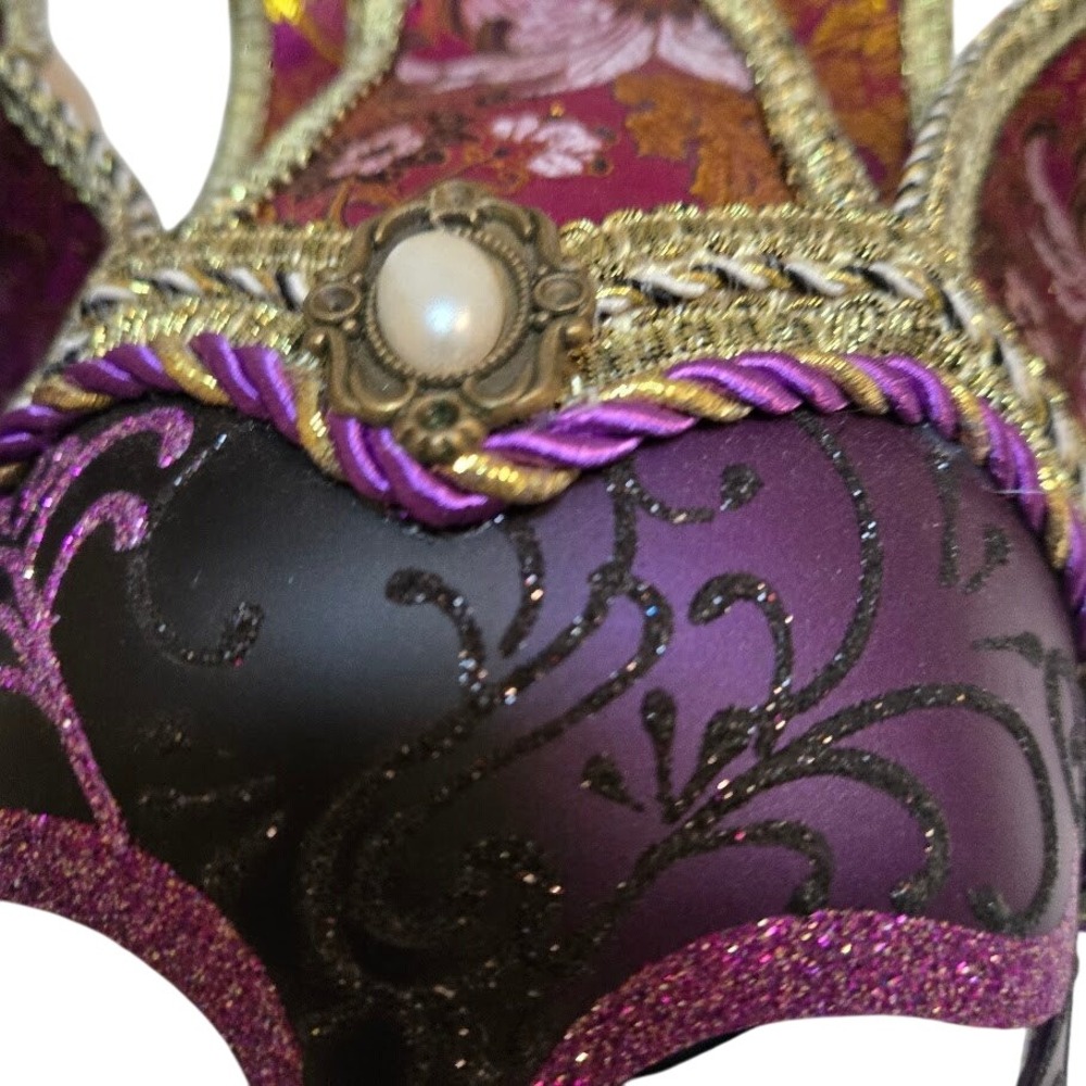 Full Face Venetian Jester Mardi Gra Masks Purple and Gold Brocade - Picture 5 of 9
